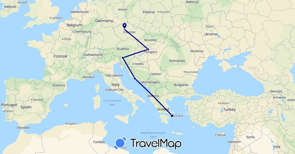 TravelMap itinerary: driving in Czech Republic, Greece, Croatia, Hungary, Slovenia (Europe)